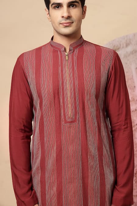 Soniya G_Maroon Silk Embroidery Sherwani Jacket And Kurta Set _at_Aza_Fashions