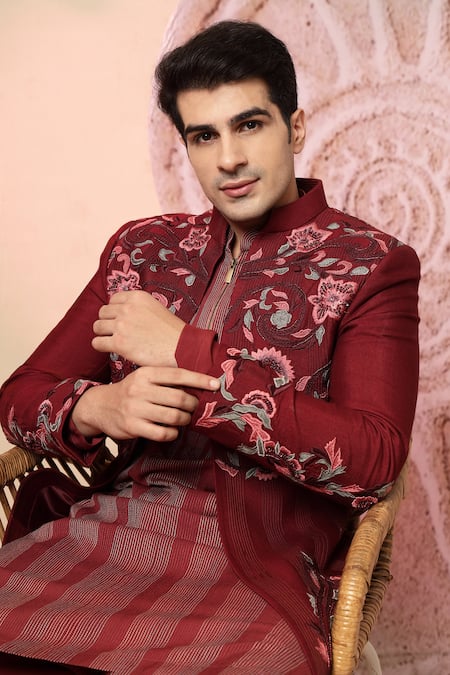 Buy_Soniya G_Maroon Silk Embroidery Sherwani Jacket And Kurta Set 
