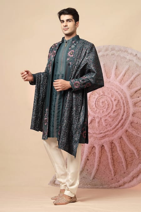 Soniya G_Teal Handloom Cotton Embroidery, Beads, Sequins Sherwani Jacket And Kurta Set _Online_at_Aza_Fashions