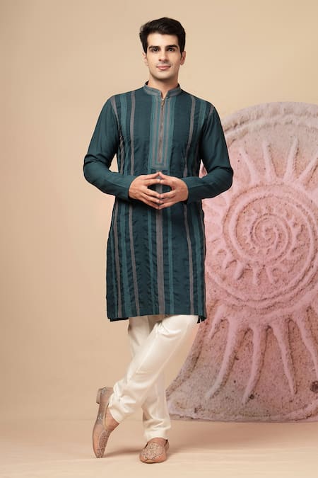 Buy_Soniya G_Teal Handloom Cotton Embroidery, Beads, Sequins Sherwani Jacket And Kurta Set _Online_at_Aza_Fashions