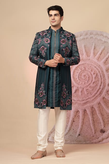 Shop_Soniya G_Teal Handloom Cotton Embroidery, Beads, Sequins Sherwani Jacket And Kurta Set _Online_at_Aza_Fashions