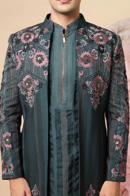 Buy_Soniya G_Teal Handloom Cotton Embroidery, Beads, Sequins Sherwani Jacket And Kurta Set 
