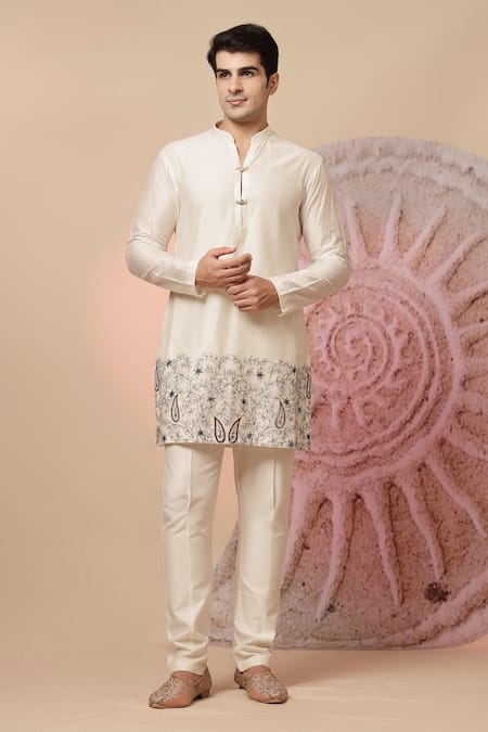 Soniya G_Off White Handloom Cotton Embroidery Royal Bandhgala Dupatta Set _Online_at_Aza_Fashions