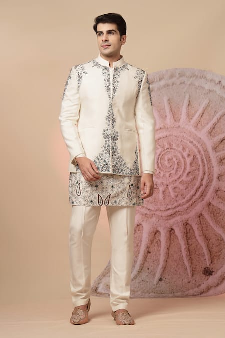 Buy_Soniya G_Off White Handloom Cotton Embroidery Royal Bandhgala Dupatta Set _Online_at_Aza_Fashions