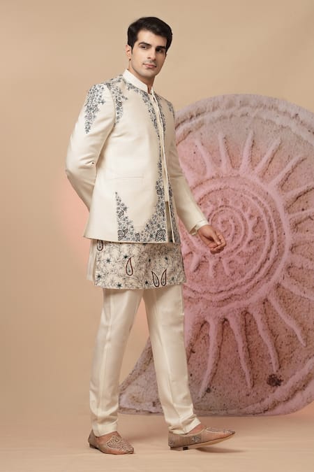 Shop_Soniya G_Off White Handloom Cotton Embroidery Royal Bandhgala Dupatta Set _Online_at_Aza_Fashions