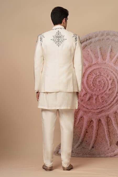 Buy_Soniya G_Off White Handloom Cotton Embroidery Royal Bandhgala Dupatta Set 