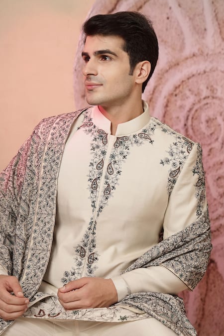 Shop Soniya G Off White Handloom Cotton Embroidery Royal Bandhgala Dupatta Set Shop_Soniya G_Off White Handloom Cotton Embroidery Royal Bandhgala Dupatta Set