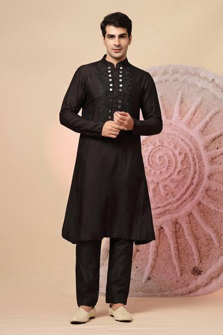 Soniya G_Black Handloom Cotton Embroidery, Mirrors, Regal Nehru Jacket And Kurta Set _Online_at_Aza_Fashions
