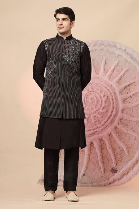 Buy_Soniya G_Black Handloom Cotton Embroidery, Mirrors, Regal Nehru Jacket And Kurta Set _Online_at_Aza_Fashions