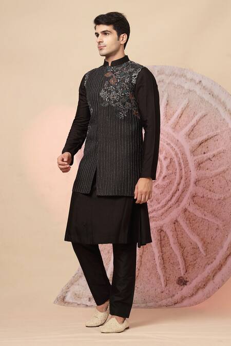 Shop_Soniya G_Black Handloom Cotton Embroidery, Mirrors, Regal Nehru Jacket And Kurta Set _Online_at_Aza_Fashions