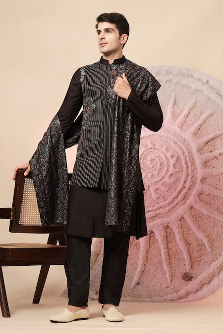 Soniya G_Black Handloom Cotton Embroidery, Mirrors, Regal Nehru Jacket And Kurta Set _at_Aza_Fashions