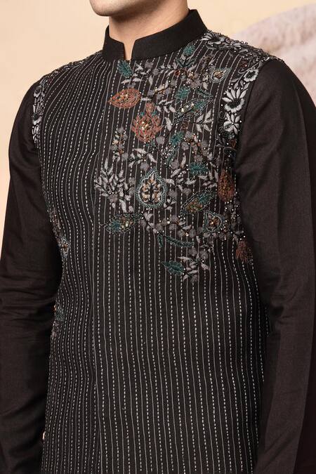 Buy_Soniya G_Black Handloom Cotton Embroidery, Mirrors, Regal Nehru Jacket And Kurta Set 