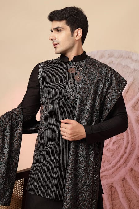 Shop Soniya G Black Handloom Cotton Embroidery, Mirrors, Regal Nehru Jacket And Kurta Set Shop_Soniya G_Black Handloom Cotton Embroidery, Mirrors, Regal Nehru Jacket And Kurta Set