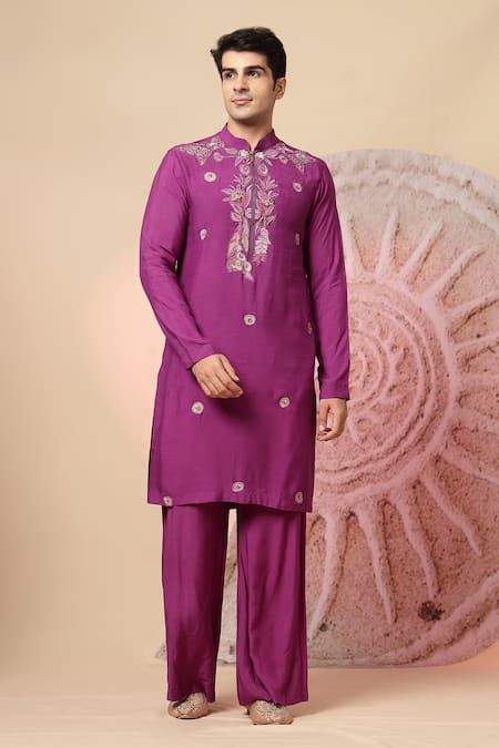 Buy_Soniya G_Magenta Chanderi Silk Embroidery, Mirrors Kurta Set _Online_at_Aza_Fashions