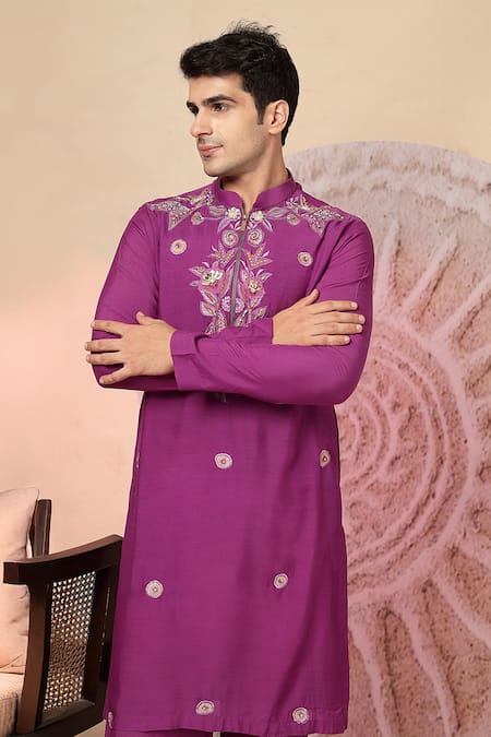 Shop_Soniya G_Magenta Chanderi Silk Embroidery, Mirrors Kurta Set _Online_at_Aza_Fashions