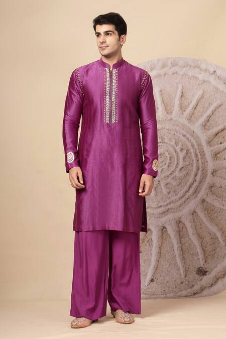 Soniya G_Purple Muslin Mirrors, Beads Straight Cut Kurta And Pant Set _Online_at_Aza_Fashions