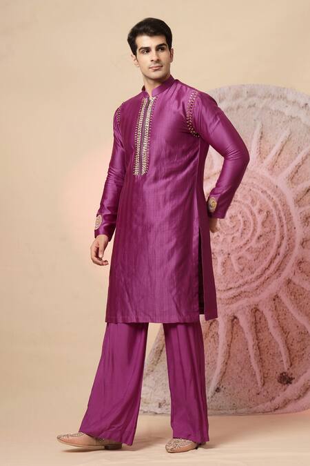 Buy_Soniya G_Purple Muslin Mirrors, Beads Straight Cut Kurta And Pant Set _Online_at_Aza_Fashions