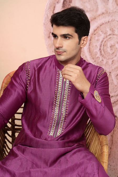 Soniya G_Purple Muslin Mirrors, Beads Straight Cut Kurta And Pant Set _at_Aza_Fashions