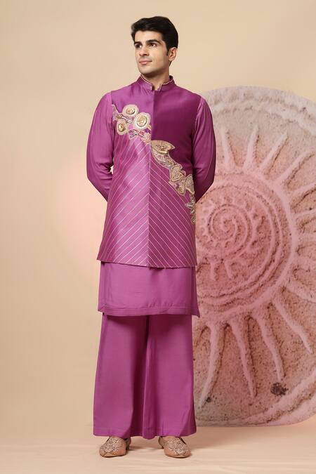 Shop_Soniya G_Purple , Chanderi Zari, Sequins, Embroidery Nehru Jacket And Kurta Set _Online_at_Aza_Fashions