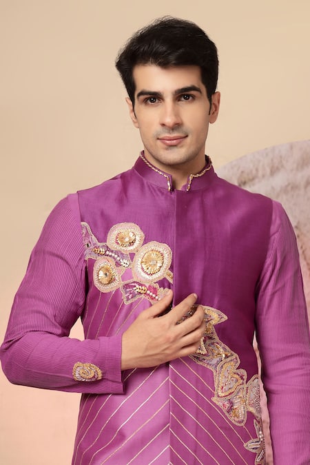 Soniya G_Purple , Chanderi Zari, Sequins, Embroidery Nehru Jacket And Kurta Set _at_Aza_Fashions