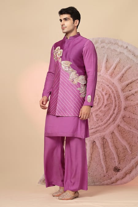 Buy_Soniya G_Purple , Chanderi Zari, Sequins, Embroidery Nehru Jacket And Kurta Set 