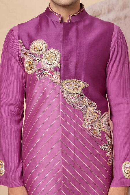 Shop_Soniya G_Purple , Chanderi Zari, Sequins, Embroidery Nehru Jacket And Kurta Set 