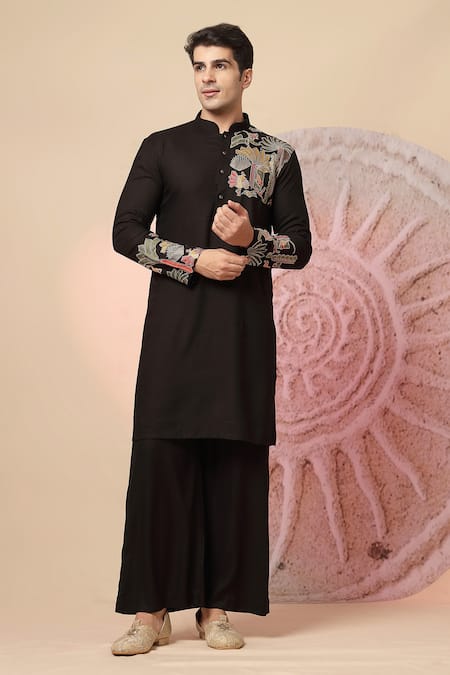 Soniya G_Black Silk Embroidery Floral Nehru Jacket And Kurta Set _Online_at_Aza_Fashions