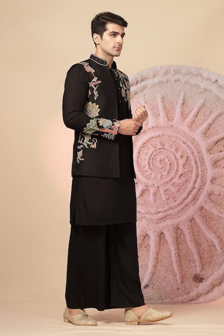 Buy_Soniya G_Black Silk Embroidery Floral Nehru Jacket And Kurta Set _Online_at_Aza_Fashions