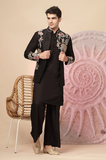 Shop_Soniya G_Black Silk Embroidery Floral Nehru Jacket And Kurta Set _Online_at_Aza_Fashions