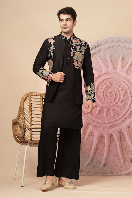 Soniya G_Black Silk Embroidery Floral Nehru Jacket And Kurta Set _at_Aza_Fashions