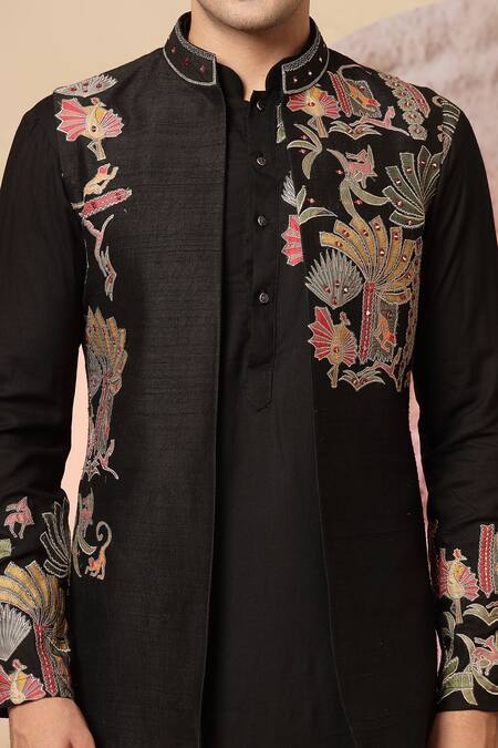 Buy_Soniya G_Black Silk Embroidery Floral Nehru Jacket And Kurta Set 
