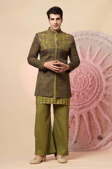 Soniya G_Olive Green Embroidery, Sequins Kashmiri Work Bandhgala And Kurta Set _Online_at_Aza_Fashions
