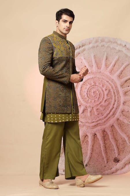 Buy_Soniya G_Olive Green Embroidery, Sequins Kashmiri Work Bandhgala And Kurta Set _Online_at_Aza_Fashions