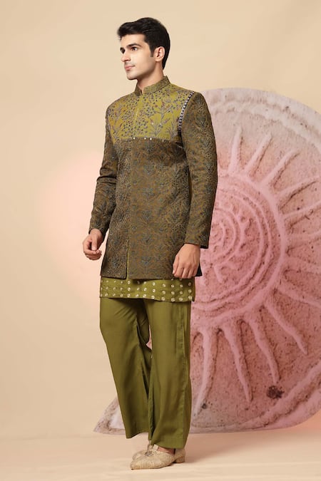 Shop_Soniya G_Olive Green Embroidery, Sequins Kashmiri Work Bandhgala And Kurta Set _Online_at_Aza_Fashions