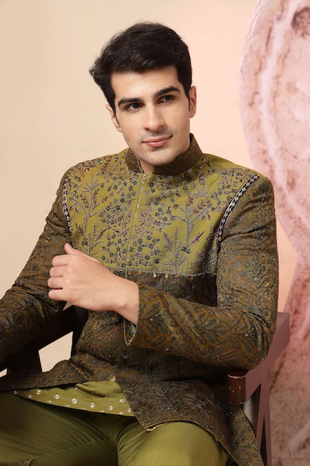 Buy_Soniya G_Olive Green Embroidery, Sequins Kashmiri Work Bandhgala And Kurta Set 