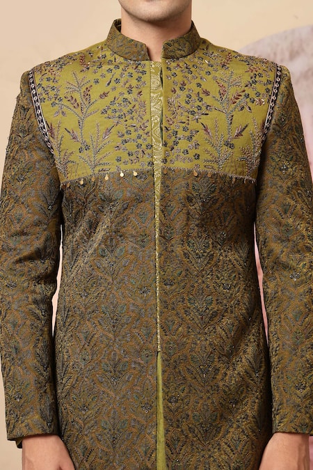 Shop_Soniya G_Olive Green Embroidery, Sequins Kashmiri Work Bandhgala And Kurta Set 