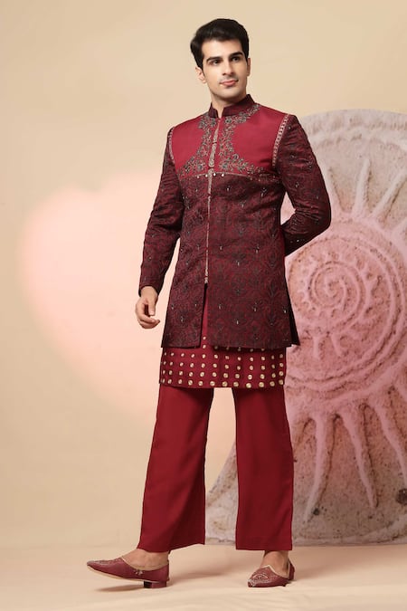 Buy_Soniya G_Maroon Handloom Cotton Embroidery, Studs, Kashmiri Work Bandhgala And Kurta Set _Online_at_Aza_Fashions