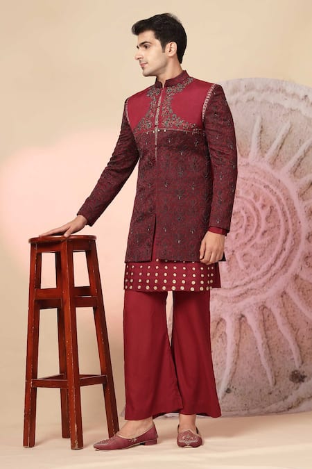Shop_Soniya G_Maroon Handloom Cotton Embroidery, Studs, Kashmiri Work Bandhgala And Kurta Set _Online_at_Aza_Fashions