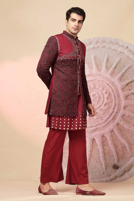 Soniya G_Maroon Handloom Cotton Embroidery, Studs, Kashmiri Work Bandhgala And Kurta Set _at_Aza_Fashions