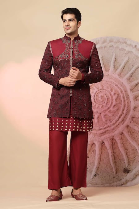 Buy_Soniya G_Maroon Handloom Cotton Embroidery, Studs, Kashmiri Work Bandhgala And Kurta Set 