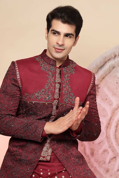 Shop Soniya G Maroon Handloom Cotton Embroidery, Studs, Kashmiri Work Bandhgala And Kurta Set Shop_Soniya G_Maroon Handloom Cotton Embroidery, Studs, Kashmiri Work Bandhgala And Kurta Set