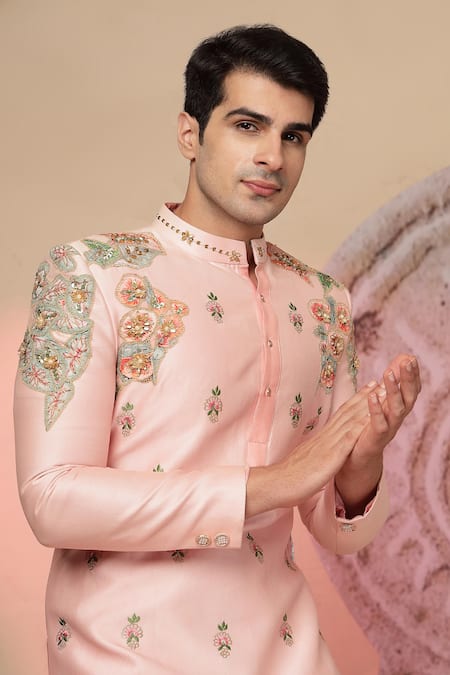 Soniya G_Pink Chanderi Silk Embroidery, Beads, Sequins Kurta Set _at_Aza_Fashions