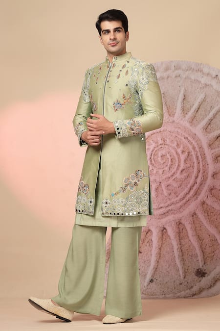 Buy_Soniya G_Green Chanderi Silk Embroidery, Mirrors Sherwani And Kurta Set _Online_at_Aza_Fashions