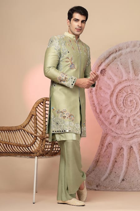 Shop_Soniya G_Green Chanderi Silk Embroidery, Mirrors Sherwani And Kurta Set _Online_at_Aza_Fashions