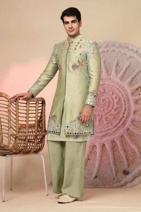 Soniya G_Green Chanderi Silk Embroidery, Mirrors Sherwani And Kurta Set _at_Aza_Fashions