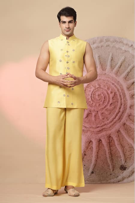 Soniya G_Yellow Chanderi Silk Embroidery, Sequins Jacket And Kurta Set _Online_at_Aza_Fashions