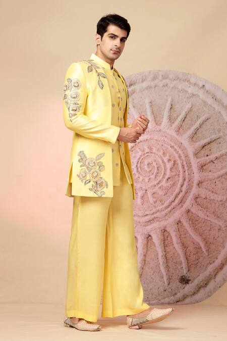 Soniya G_Yellow Chanderi Silk Embroidery, Sequins Jacket And Kurta Set _at_Aza_Fashions