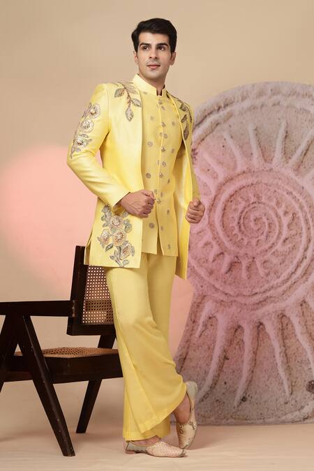 Buy_Soniya G_Yellow Chanderi Silk Embroidery, Sequins Jacket And Kurta Set 