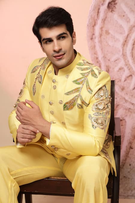 Shop Soniya G Yellow Chanderi Silk Embroidery, Sequins Jacket And Kurta Set Shop_Soniya G_Yellow Chanderi Silk Embroidery, Sequins Jacket And Kurta Set