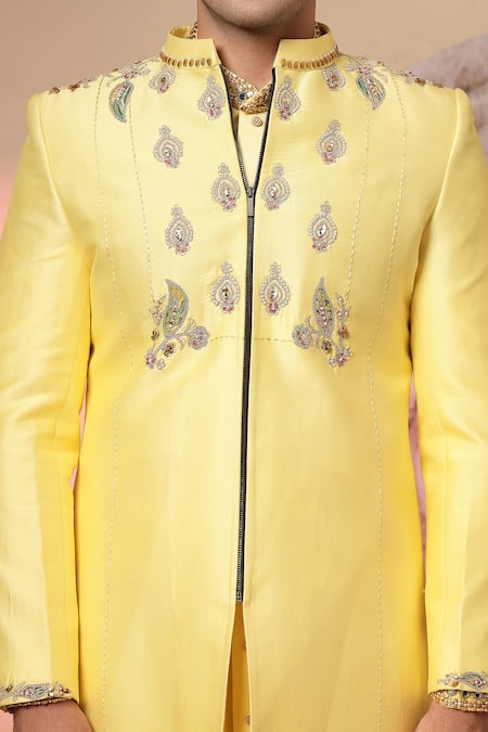 Buy_Soniya G_Yellow Chanderi Silk Embroidery, Metallic Thread Jacket And Kurta Set 